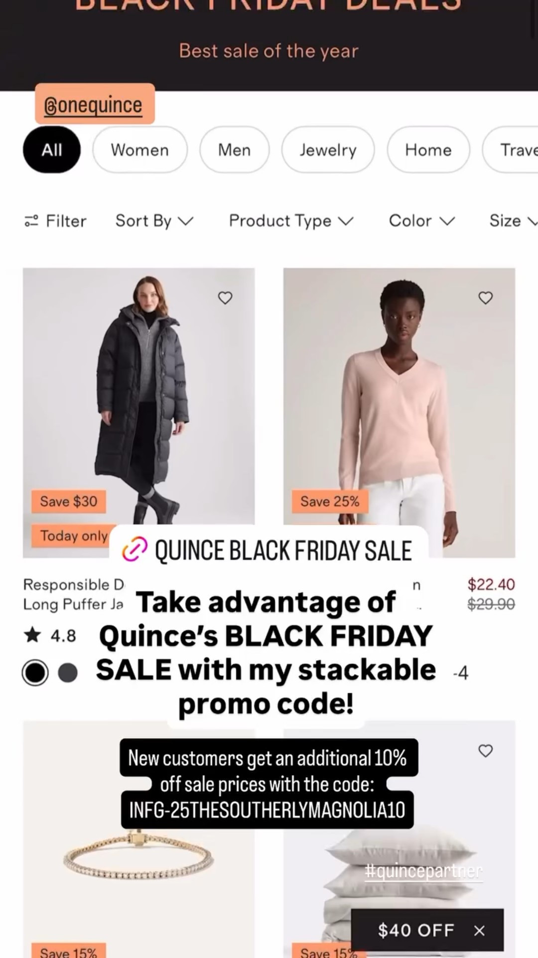Take advantage of Quince’s BLACK FRIDAY SALE with my stackable promo code! New customers get an additional 10% off sale prices with the code: INFG-25THESOUTHERLYMAGNOLIA10 