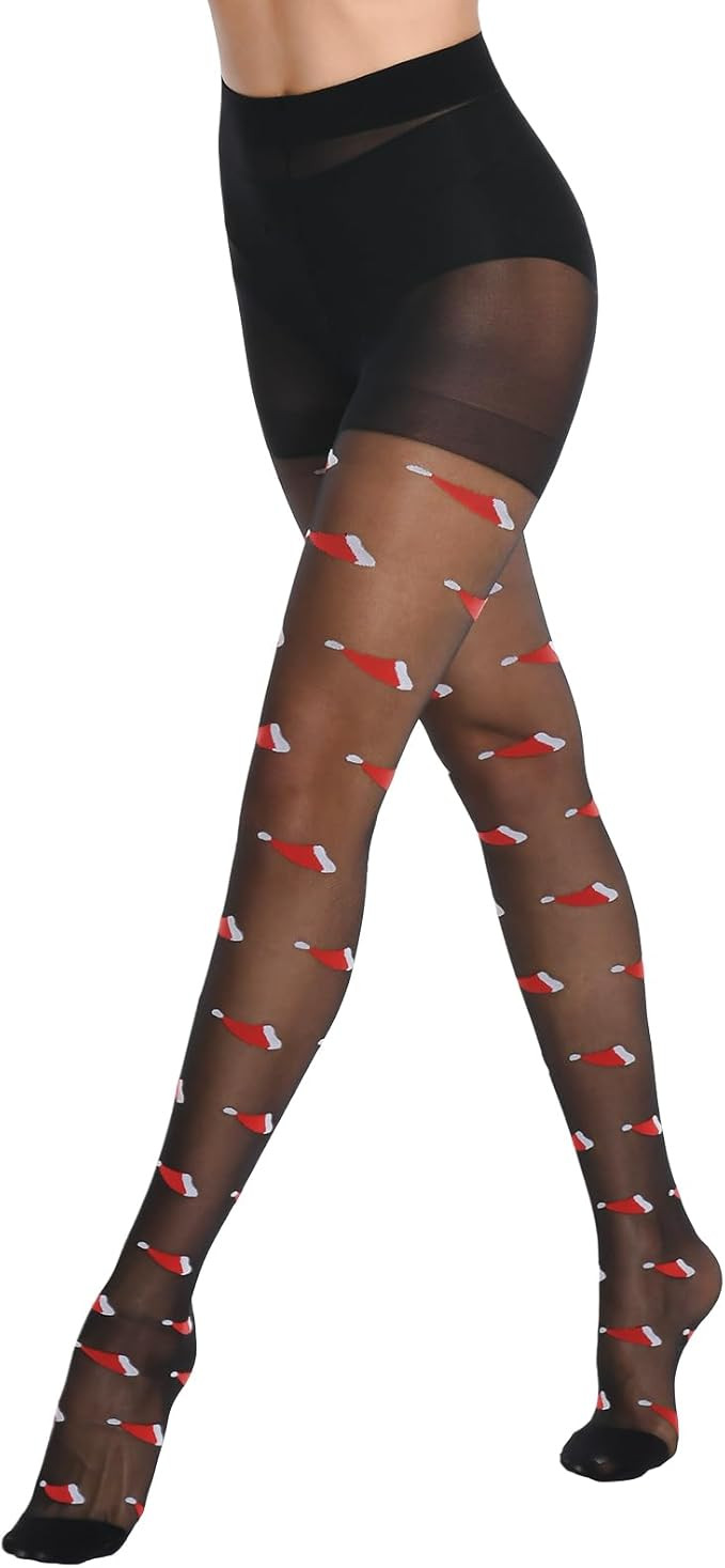 Women's Christmas Patterned Black Tights with Designs Holiday Costume Pantyhose Faux Thigh High S... | Amazon (US)