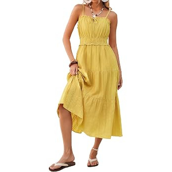 Women Summer Dress Casual Spaghetti Strap Midi Cotton Sundress with Pockets | Flowy Boho Beach Va... | Amazon (US)