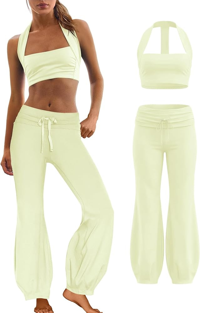 Panadila Women 2 Piece Yoga Sets Pilates Outfit Halter Sports Bra Fold Over Flare Leggings Matchi... | Amazon (US)