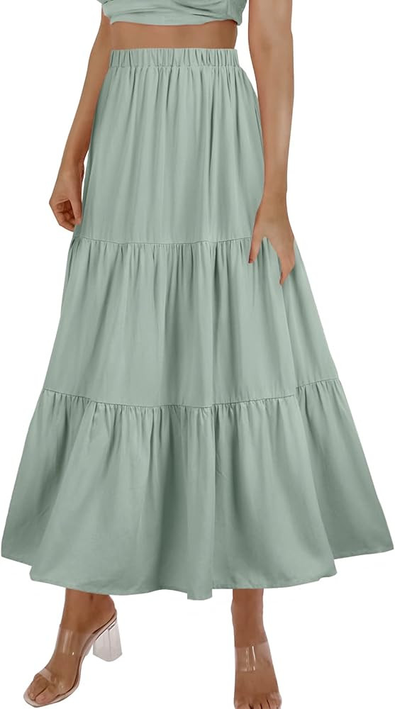 ZROZYL Womens Summer Elastic High Waisted Boho Maxi Skirt Casual Beach A Line Flowy Long Skirts with | Amazon (US)
