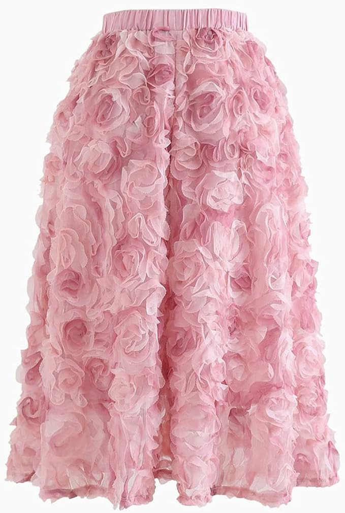 CHICWISH Women's 3D Pinky Rose Mesh Tulle Elastic Waist Skirt | Amazon (US)