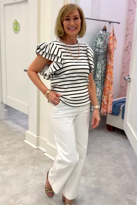 Stripes are always in style. This adorable striped top is $34.99!! Perfect pair of white pants for spring and summer. These run a little small so I sized up one. 

#LTKover40 #LTKSeasonal