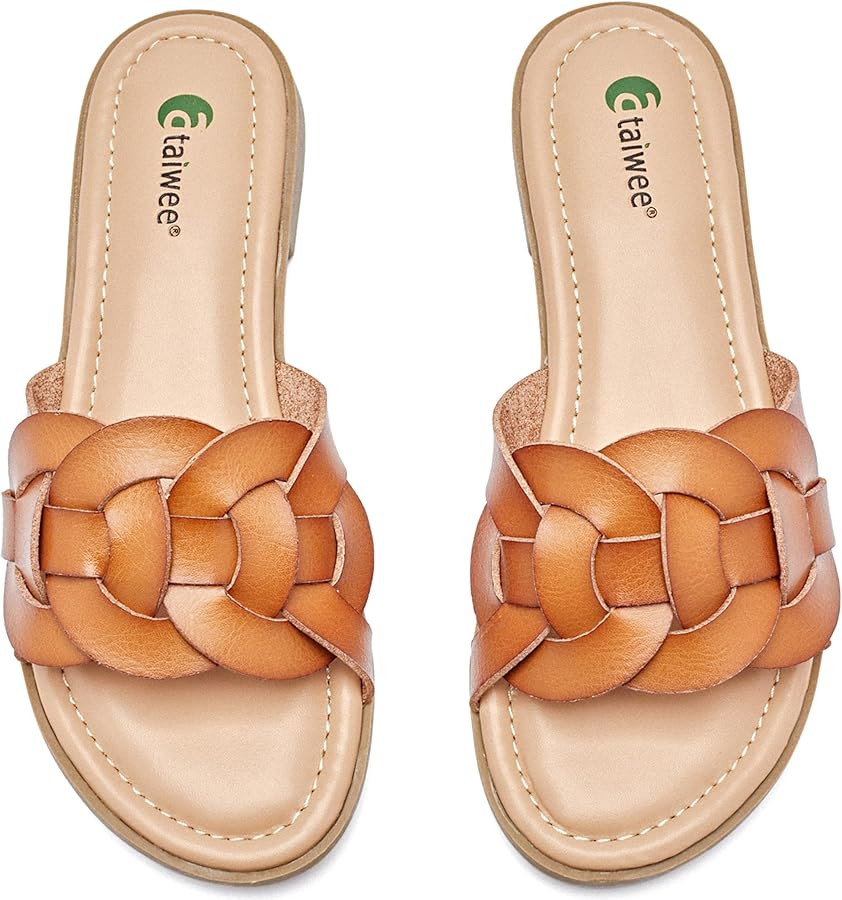 Ataiwee Women's Braided Flat Slide Sandals - Chic Summer Shoes with Round Toe and Cover Strap Det... | Amazon (US)