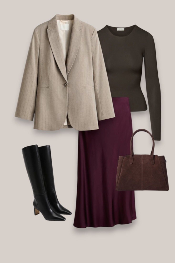 Blazer + burgundy satin skirt + black boots
A slightly dressier fall look with pieces you can wear so many ways. Burgundy satin, a fitted long-sleeve top, oversized blazer and knee-high black boots.

#LTKautumn #LTKdatenight #LTKstyletip