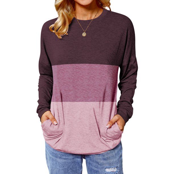 Nlife Women Round Neck Long Sleeve Colorblock Pockets Front Shirt, XL - Walmart.com | Walmart (US)