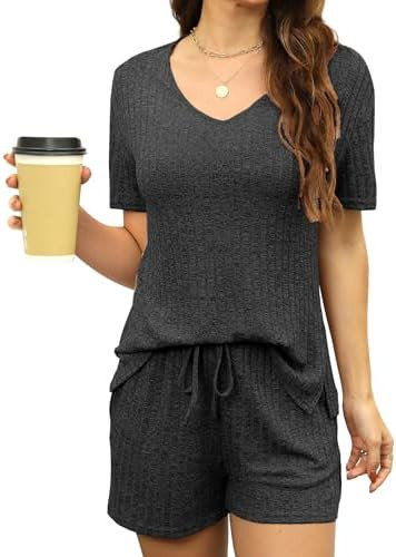 YOGINGO Womens Pajama Sets V Neck Ribbed Knit Lounge Sets Sleepwear Short Sleeve Matching Pjs Two... | Amazon (US)