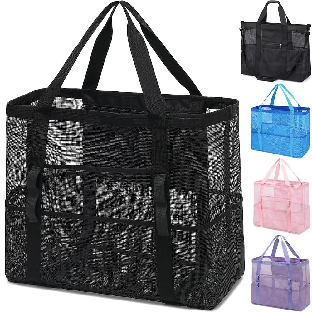 Mesh Beach Bag, Large Beach Tote with Zipper Pocket for Family Pool Bag for Toys & Vacation Essen... | Amazon (US)