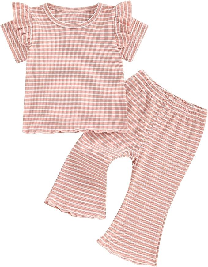 woshilaocai Toddler Baby Girl Spring Summer Clothes Striped Rib Ruffle Short Sleeve T-Shirt Tee+F... | Amazon (US)