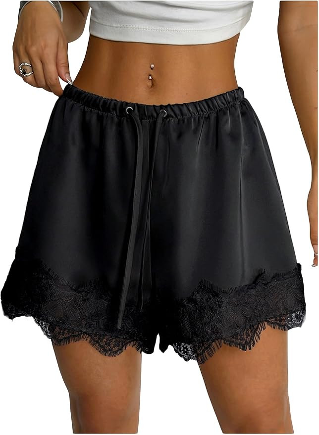 MakeMeChic Women's Satin Lace Shorts Wide Leg Slip Shorts Boxer Lounge Shorts Streetwear | Amazon (US)