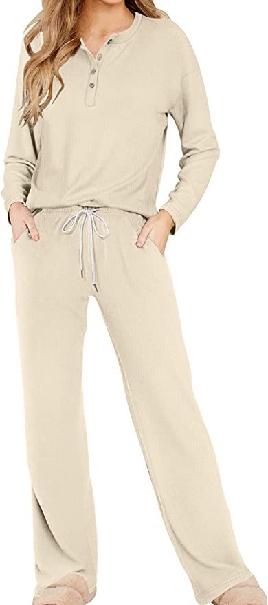 OFEEFAN Woman's Lounge Sets Button Up Pajama Set Winter Long Sleeve 2 Piece Outfits With Pockets | Amazon (US)