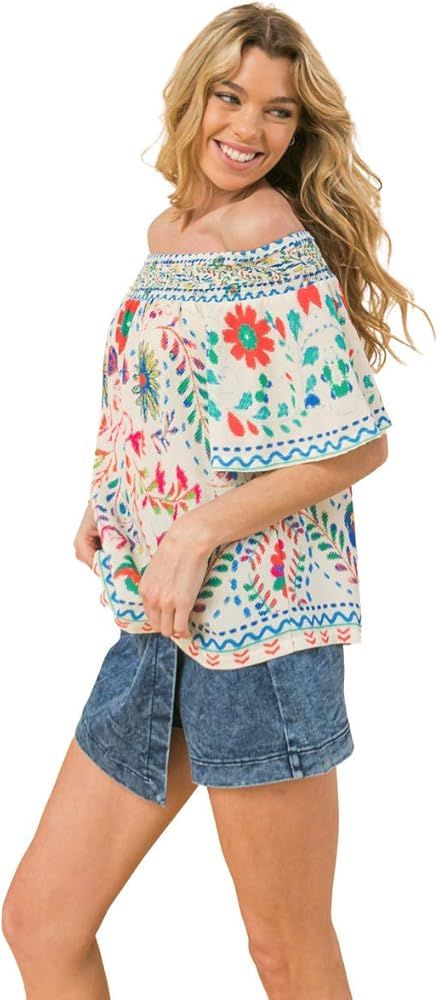 Sexy Off Shoulder Tropical Flower Print Relaxed Fit Blouse Top | Amazon (US)