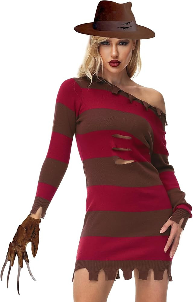AOBUTE Halloween Freddy Costume Women Dress Mens Long Sleeve Red Striped Sweater | Amazon (US)