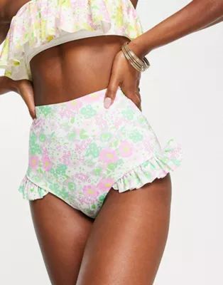 ASOS DESIGN mix and match frill high waist bikini bottoms in mixed ditsy floral print | ASOS (Global)