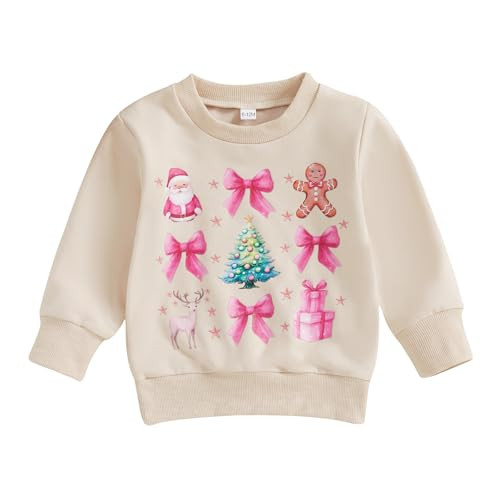 MoZiKQin Toddler Baby Girl Boy Christmas Outfit Santa Print Sweatshirt Long Sleeve Crewneck Sweater Shirt Xmas Clothes (Bowknot Christmas Tree,2-3T) | Amazon (US)