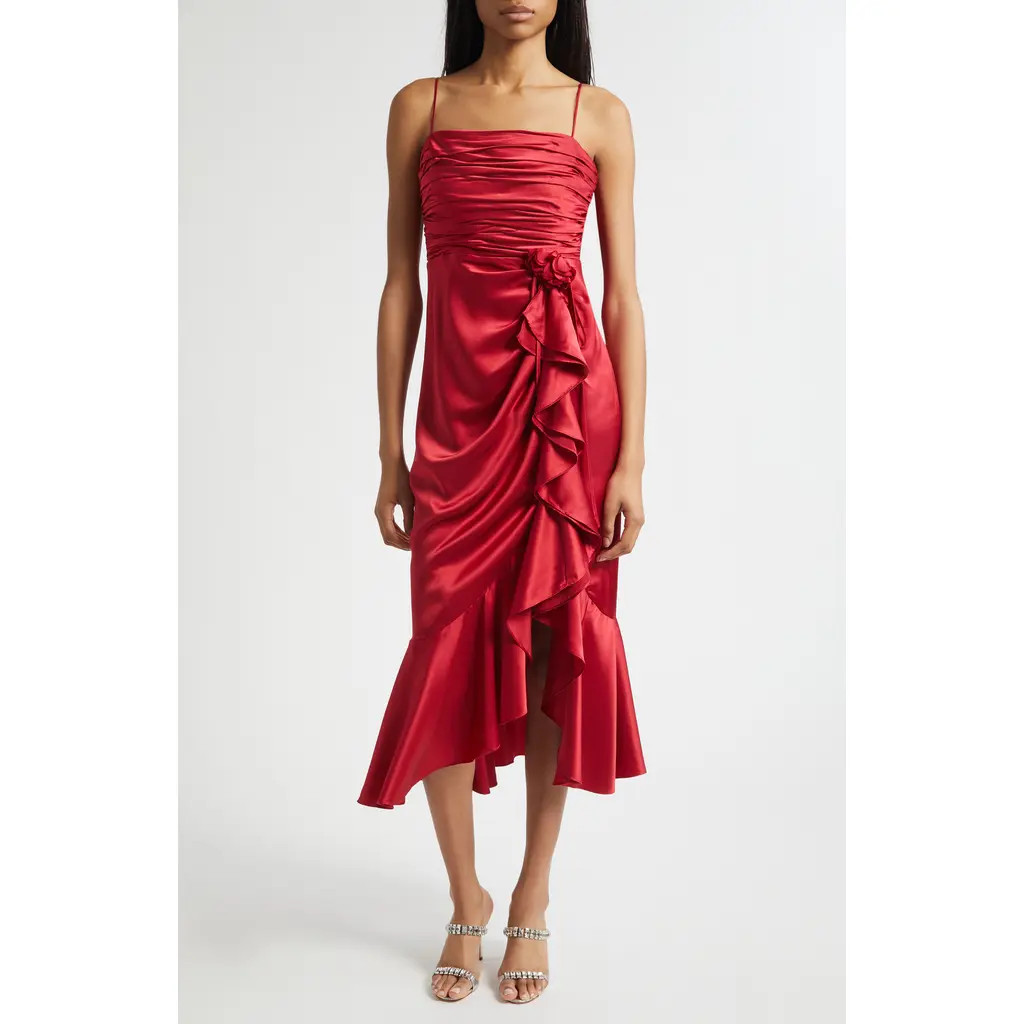 Cinq à Sept Mireya Ruched Ruffle Sleeveless Silk Maxi Dress in Cherry Rose at Nordstrom, Size 12 | Nordstrom