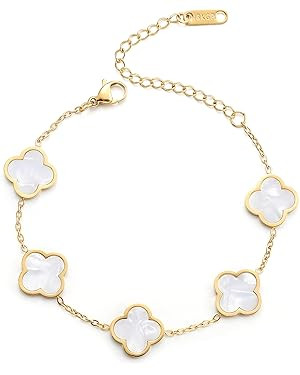 18K Gold Plated Clover Lucky Bracelet for Women White/Black/Red/Green Flower Four Leaf Link Brace... | Amazon (US)