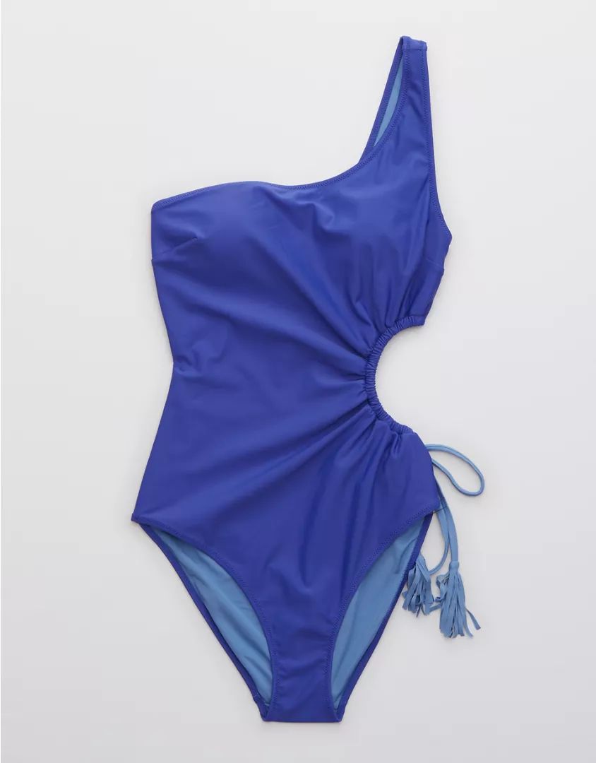 Aerie Tassel Cut Out Asymmetrical One Piece Swimsuit | American Eagle Outfitters (US & CA)