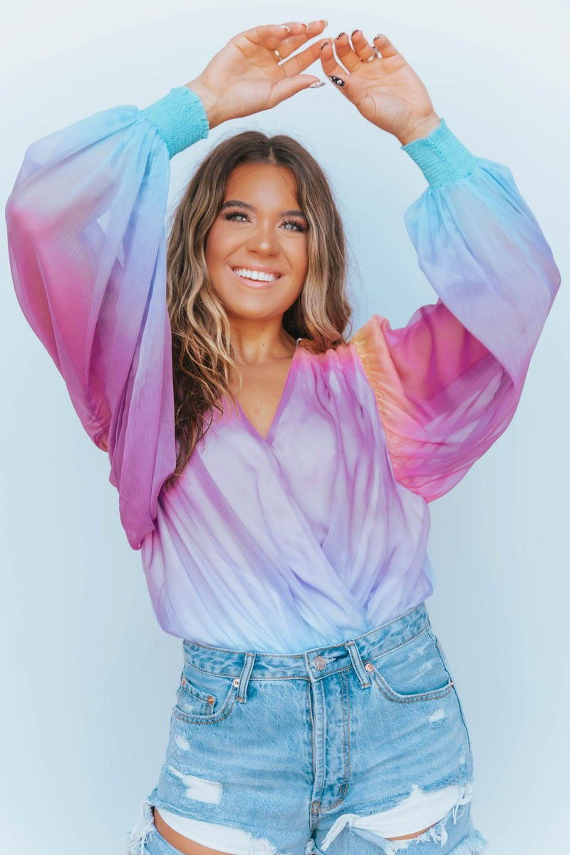 Speechless Magenta/Blue Balloon Sleeve Bodysuit | Apricot Lane Boutique