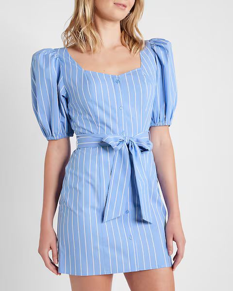 Striped Puff Sleeve Tie Waist Mini Dress | Express