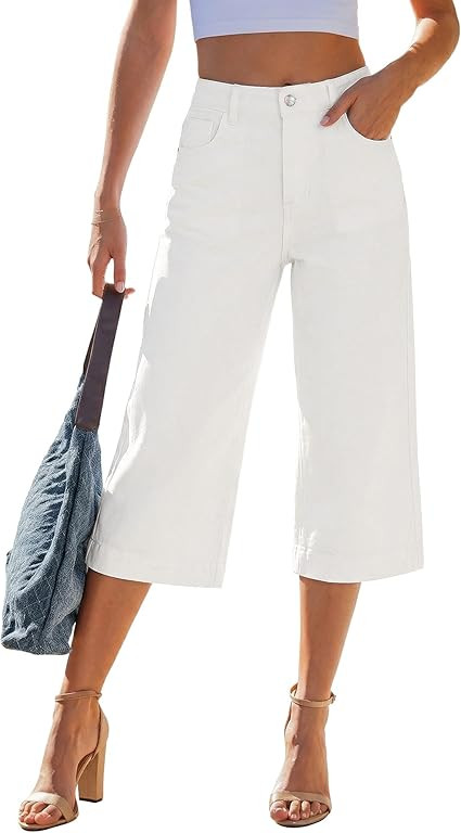 GRAPENT Capri Jeans for Women Wide Leg Trendy High Waisted Side Seam Stretchy Denim Capris Pants ... | Amazon (US)