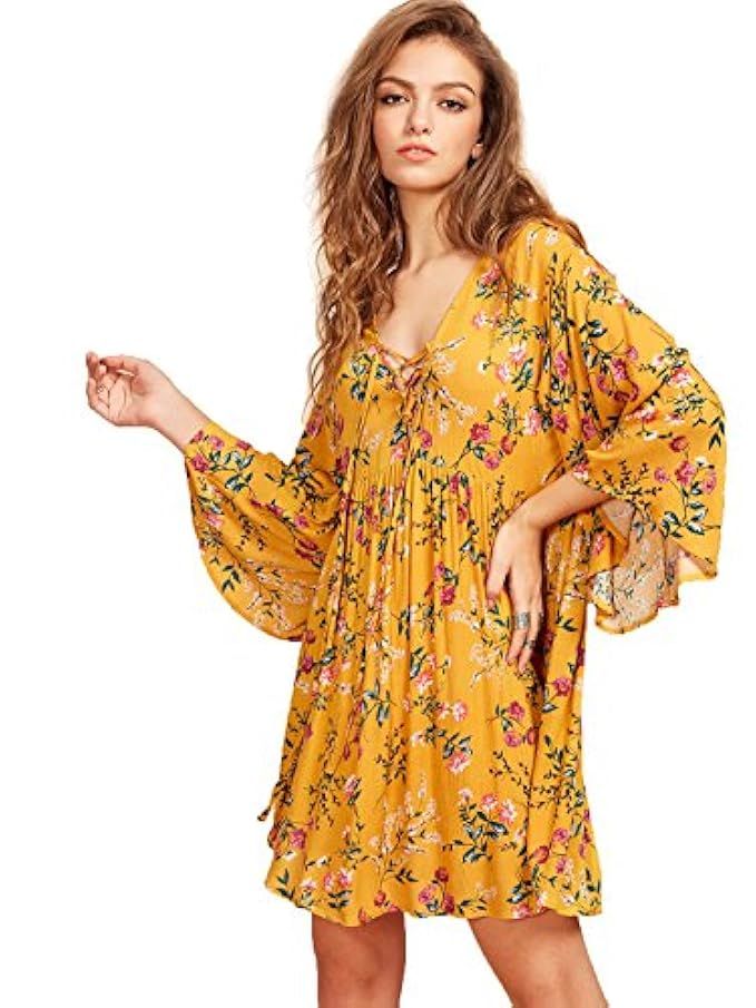 Milumia Women's Floral Print Front Cross Deep V-Neck Flare Sleeve Loose Short Mini Dress | Amazon (US)