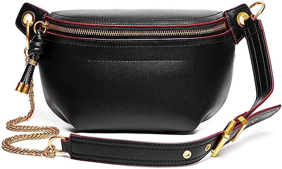 Women Chain Strap Cross-body Bags Genuine Leather Waist Bag with Zipper Closure for Daily | Amazon (US)