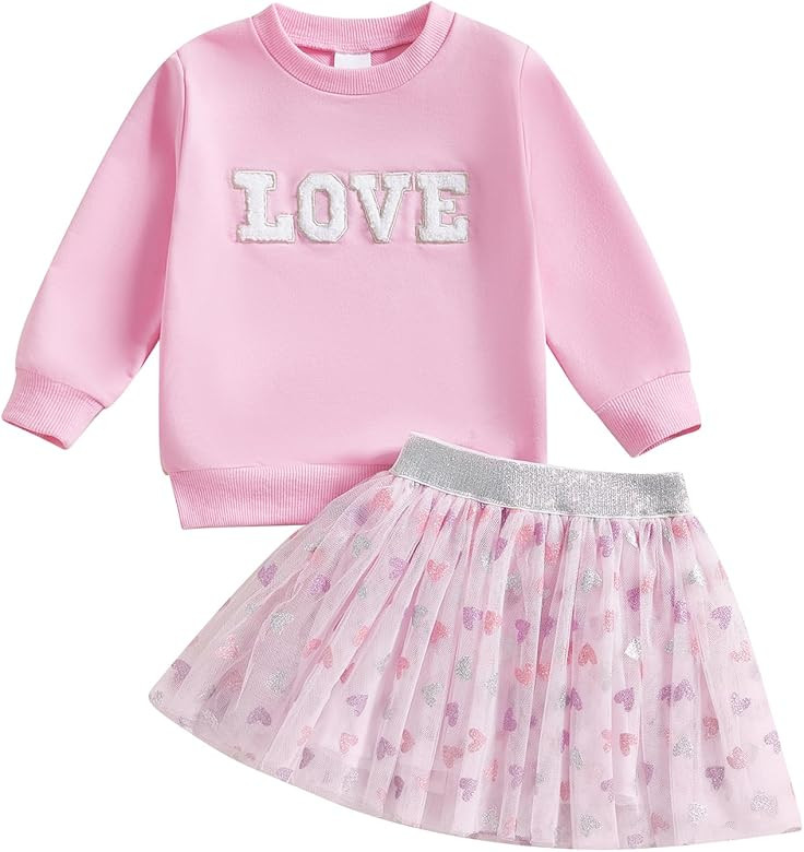 Toddler Girls Valentine’s Day Outfits Long Sleeve Letter Print/Embroidery Sweatshirt+Tulle Skir... | Amazon (US)