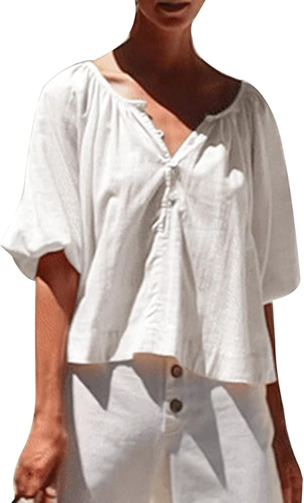 Women's Lantern Half Sleeve Button Down Work Blouse Shirt Solid Color Loose Top | Amazon (US)