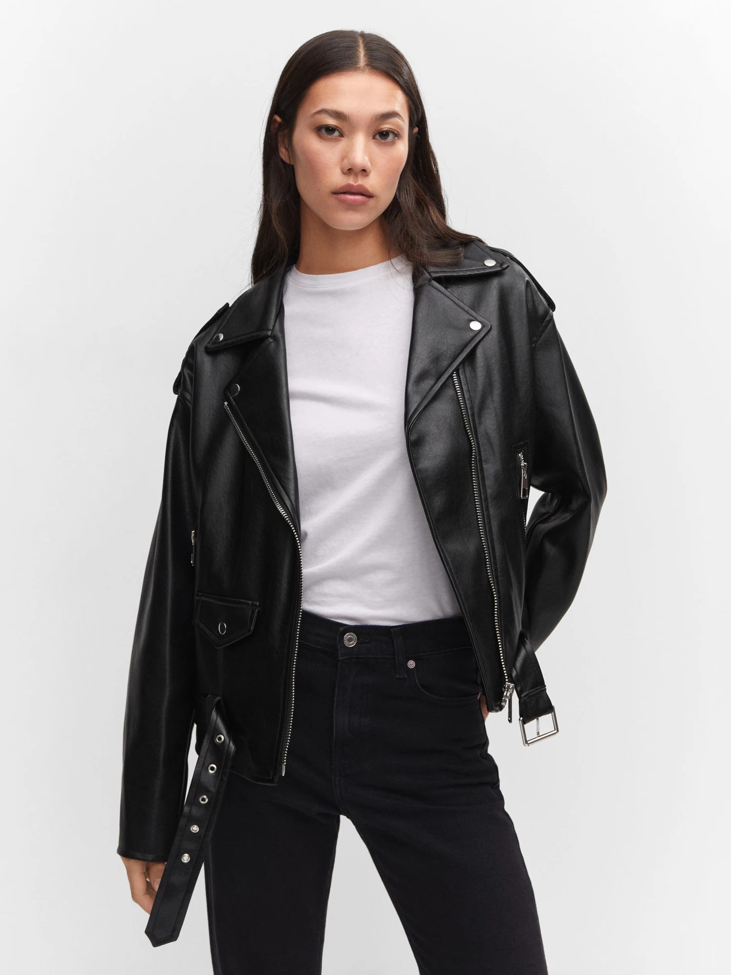 Mango Gift Faux Leather Biker Jacket, Black | John Lewis (UK)