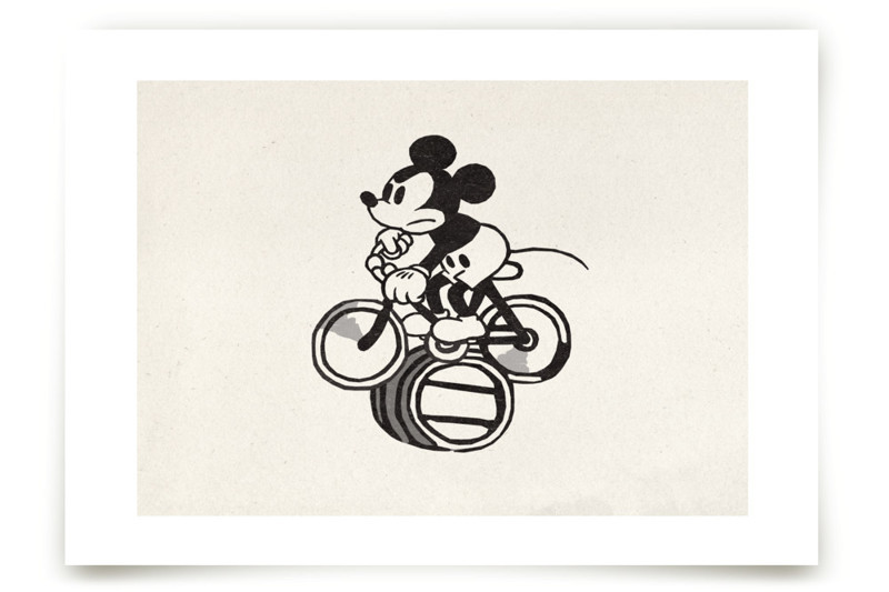"Mickey is riding the bicycle backwards" - Mixed Media Limited Edition Art Print by Sumak Studio. | Minted