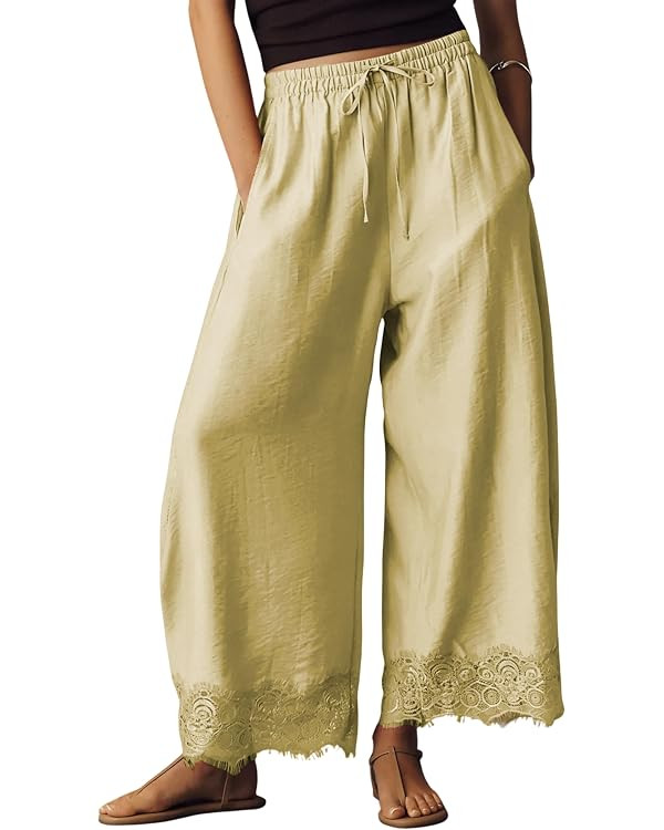 Lviefent Womens Cropped Lace Hem Pants Casual Drawstring Waist Summer Wide Leg Pants Beach Trouse... | Amazon (US)