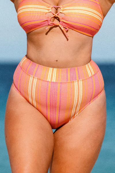 Mercury Stripe Banded High Waist Plus Size Bikini Bottom | Cupshe