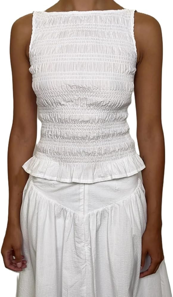 Women Y2K Shirred Tank Top Smocked Ruffle Sleeveless Crop Top Cute Slim Fit Top Shirt Vacation Go... | Amazon (US)