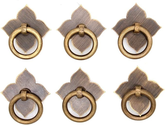 6 PCs Vintage Antique Brass Ring Pulls with Fur-Leaf Clover Shaped Base - Pure Brass Cabinet Hard... | Amazon (US)
