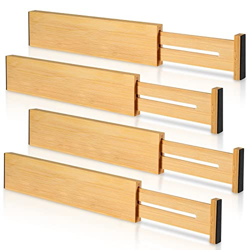 4 Pack Bamboo Drawer Dividers, Adjustable Length from 12 Inch to 17 Inch, Expandable Kitchen Drawer Organizer, Drawer Organization Separators for Clothes, Kitchen, Bedroom, Dresser, Office (Beige) | Amazon (US)