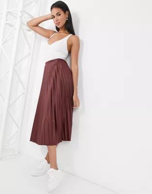 ASOS DESIGN leather look pleated midi skirt in burgundy | ASOS (Global)