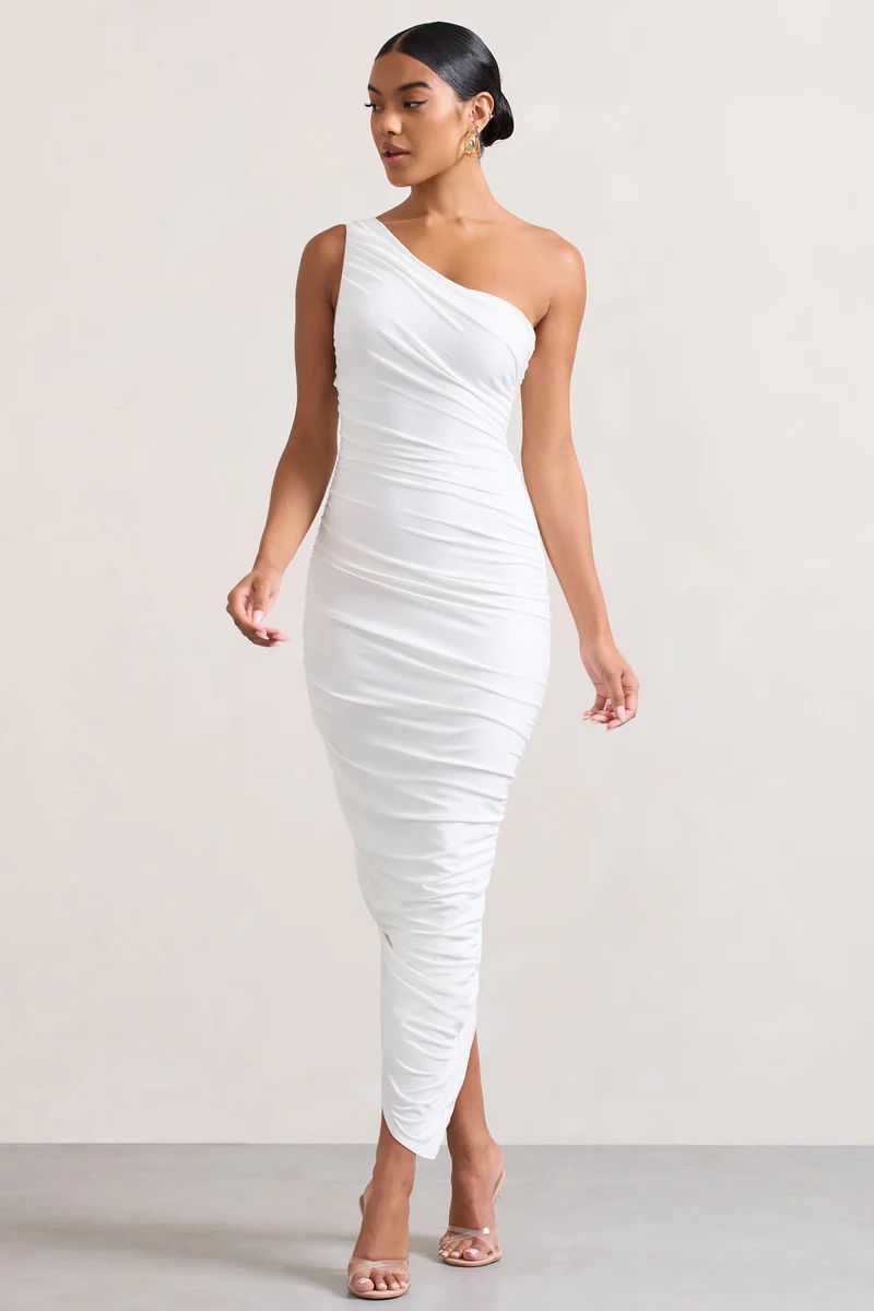 Dorit | White One Shoulder Asymmetric Ruched Midi Dress | Club L London