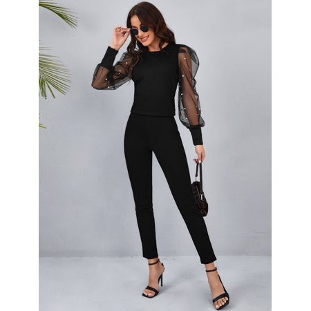Women s Pearls Beaded Contrast Mesh Gigot Sleeve Top Pants 2022 M(6) Black Elegant F046D | Walmart (US)