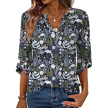 Kistore Womens 3/4 Length Sleeve Tunic Tops Casual V Neck Shirts Business Work Blouses Trendy Flo... | Amazon (US)