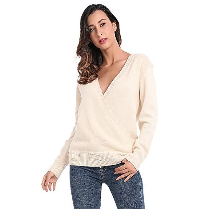 JTANIB Women's Deep V-Neck Sexy Knitted Sweater Long Sleeve Wrap Front Loose Pullover Jumper Tops | Amazon (US)