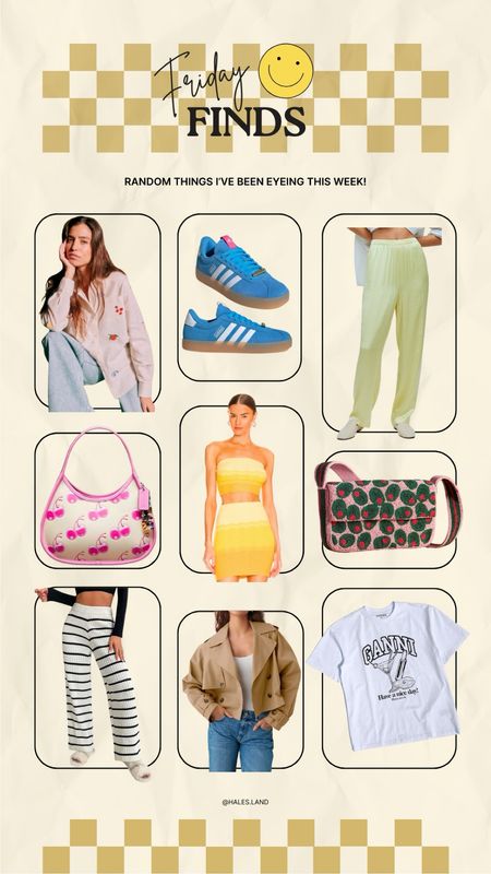 Adidas sneakers, cherry print, olives, satin pants, cropped trench coat 

#LTKstyletip #LTKSpringSale
