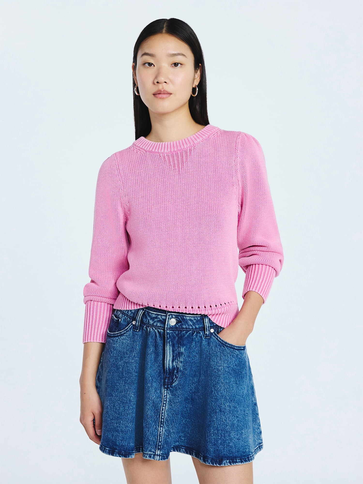 Scoop Women’s Acid Wash Cotton Sweater with Long Puff Sleeves, Midweight, Sizes XS-XXL | Walmart (US)