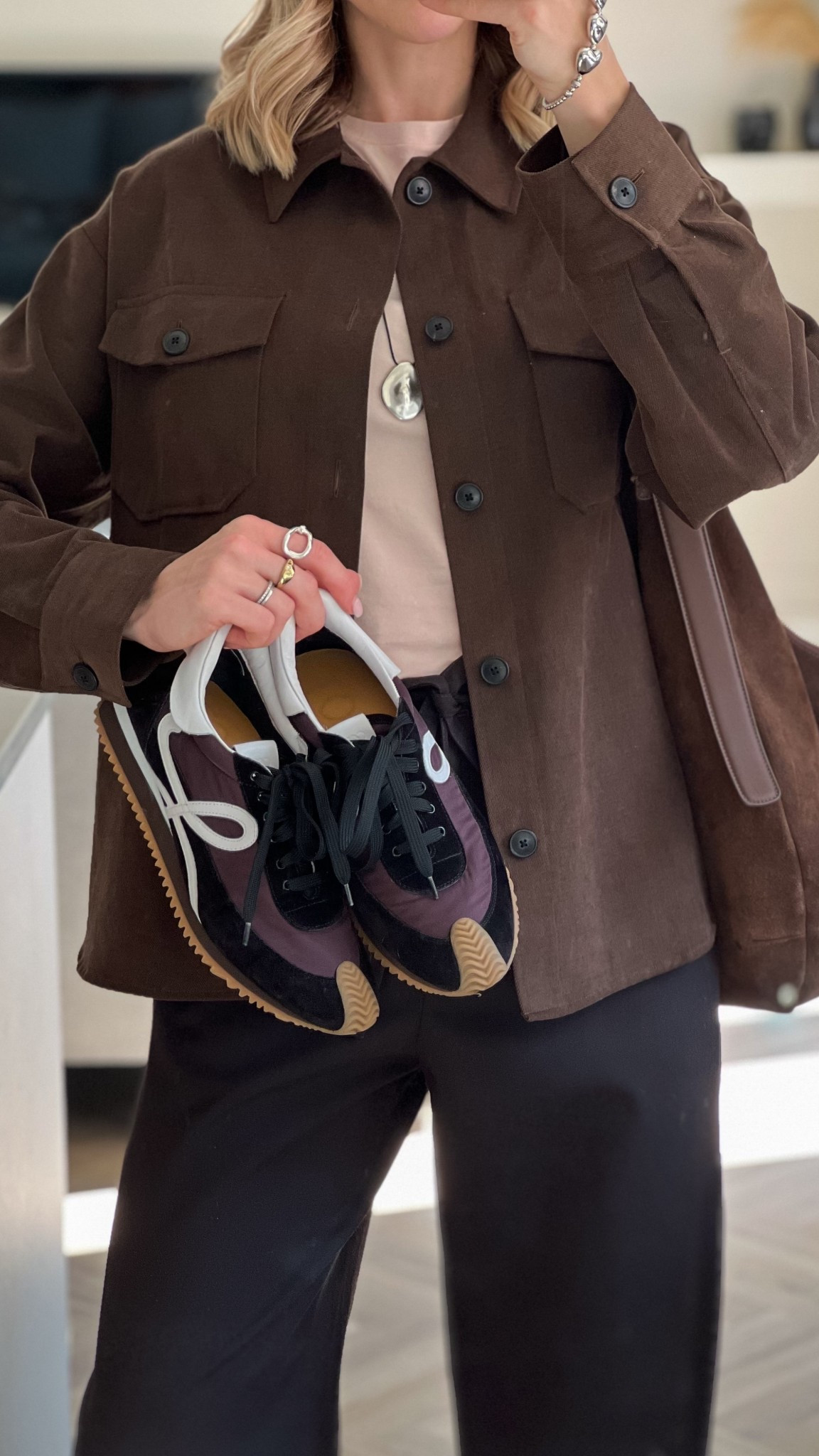 Brown outfit - pink t-shirt - trending colours - baby pink - theory t-shirt - Loewe flow runner trainers - cos trousers - brown trousers - cargo pants - shacket - with nothing underneath - suede bag 

#LTKuk #LTKspring #LTKAprilSpotlight