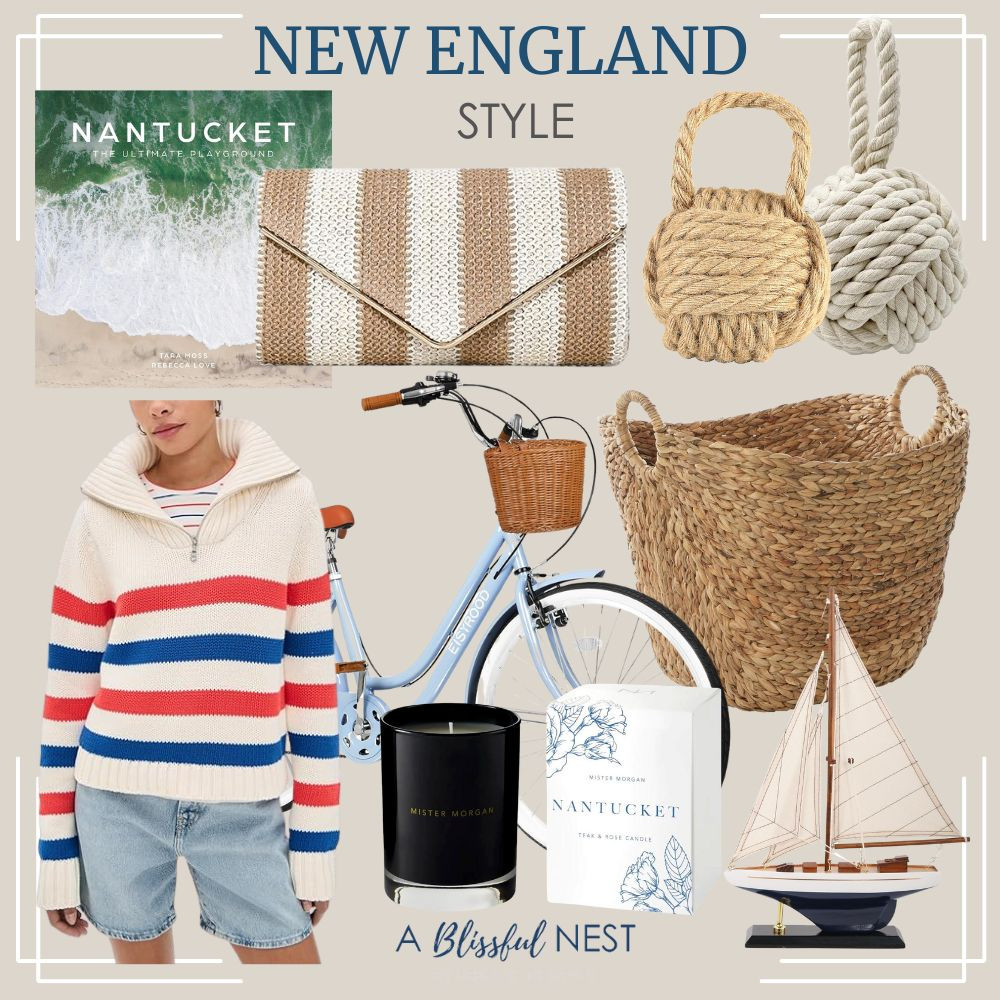 The perfect mix of preppy and coastal for a New England-inspired home and look. Shop here.
decorative book, door stopper rope ball, striped chain crossbody bag, handmade decorative storage basket, decorative cotton door stop, striped women sweater, women’s bike, wooden sailboat décor, teak and rose candle. 

 #LTKootd #LTKHome #LTKMidsize