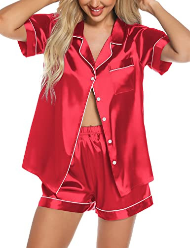 Senert Women's Satin Sleepwear Short Sleeve Button Shirt and Shorts Pajama Set Silky PJ Red,Small | Amazon (US)