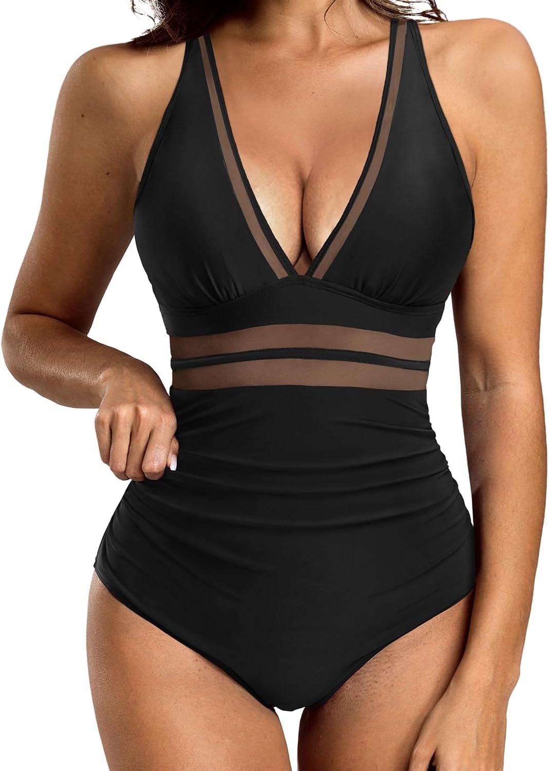 Holipick Women Tummy Control One Piece Swimsuit Sexy V Neck Mesh Bathing Suit Slimming Push Up Sw... | Amazon (US)