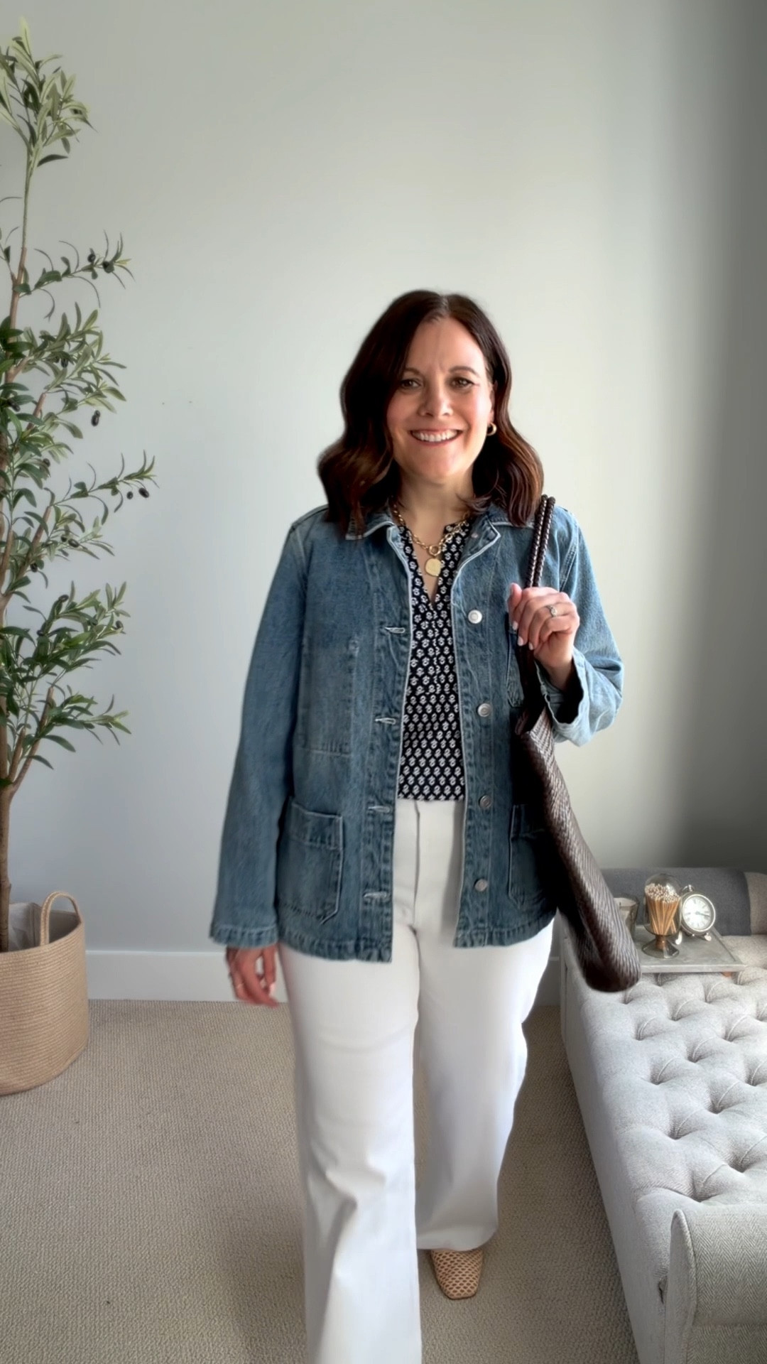 Love this combination. This navy floral blouse fits TTS (In a S). These wide leg white jeans fit TTS. In a medium in this denim utility jacket. 

 #LTKOver40 #LTKSaleAlert #LTKMidsize