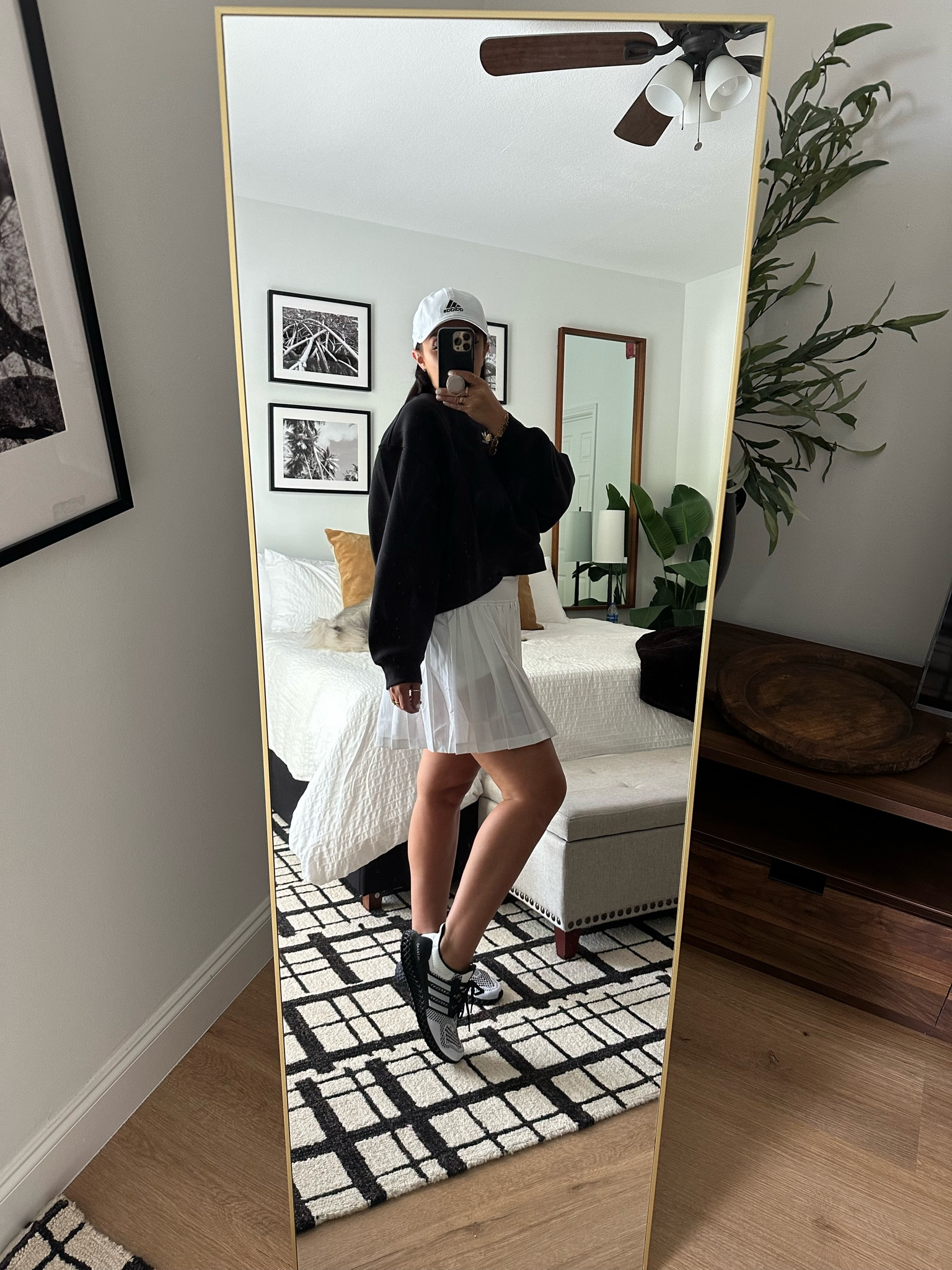 Clubhouse Premium Classic Tennis Pleated Skirt wearing size medium. Adicolor Essentials Crew Sweatshirt wearing size medium. Adidas Superlite Hat. ULTRA 4D wearing size 8.5