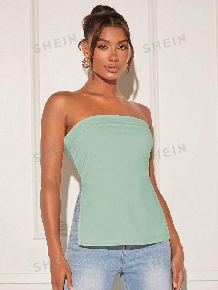 SHEIN BAE Women's Summer Solid Color Strapless Side Slit Hem Casual Top | SHEIN